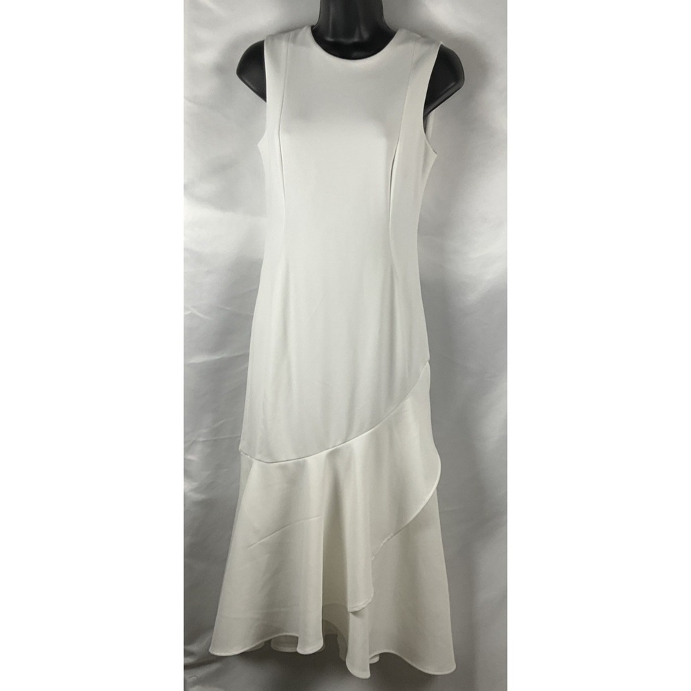Calvin Klein Dress Womens Size 2 White Asymmetrical Ruffle Hem  Lined Back Zip